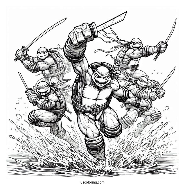 Ninja Turtles Coloring Page Of Raphael, Donatello, Michelangelo, And Leonardo Charging At Enemy