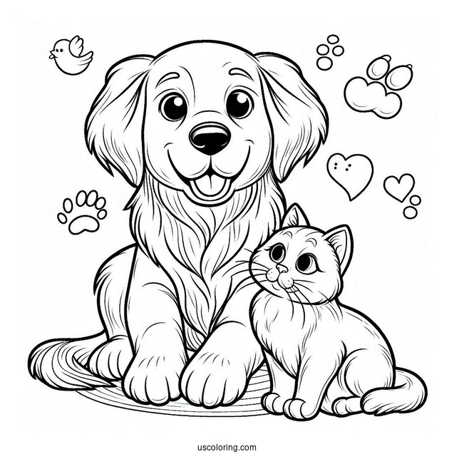 Golden Retriever And Cat Sitting Together Coloring Page