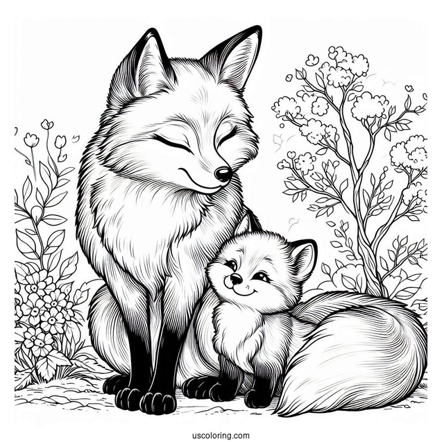 Realistic Mama Fox Coloring Page With Baby Fox In Forest