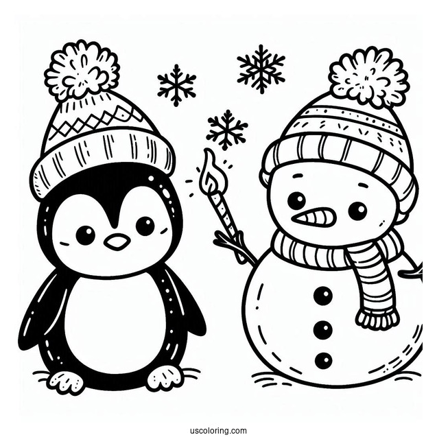 Cute Penguin And Snowman To Color