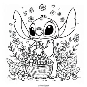 Stitch Carrying A Basket Of Flowers In Spring Coloring Page For Kids