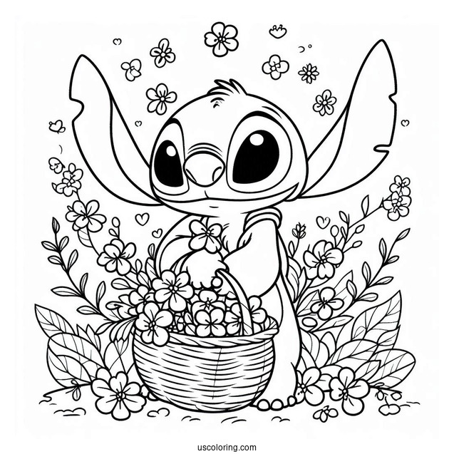 Stitch Carrying A Basket Of Flowers In Spring Coloring Page For Kids