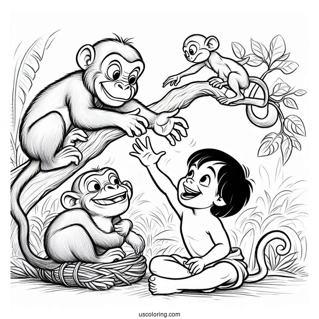 Jungle Book Coloring Page Of Monkeys Teasing Mowgli