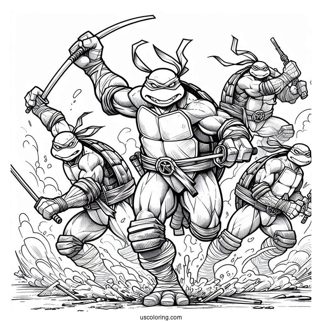 Ninja Turtles Coloring Page Of Raphael, Donatello, Michelangelo, And Leonardo Charging At Enemy