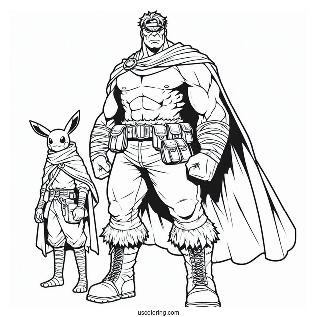 Powerful Hulk Coloring Page Standing Behind Charizard
