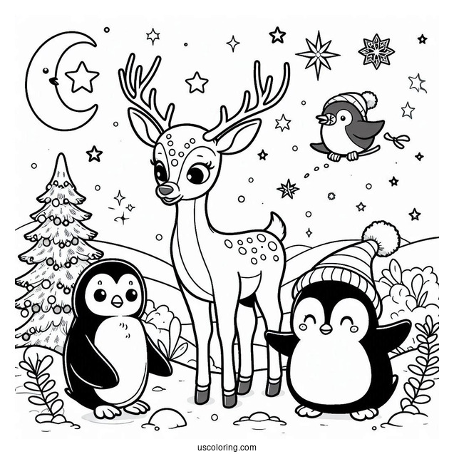 Reindeer Having Fun With Penguins To Color