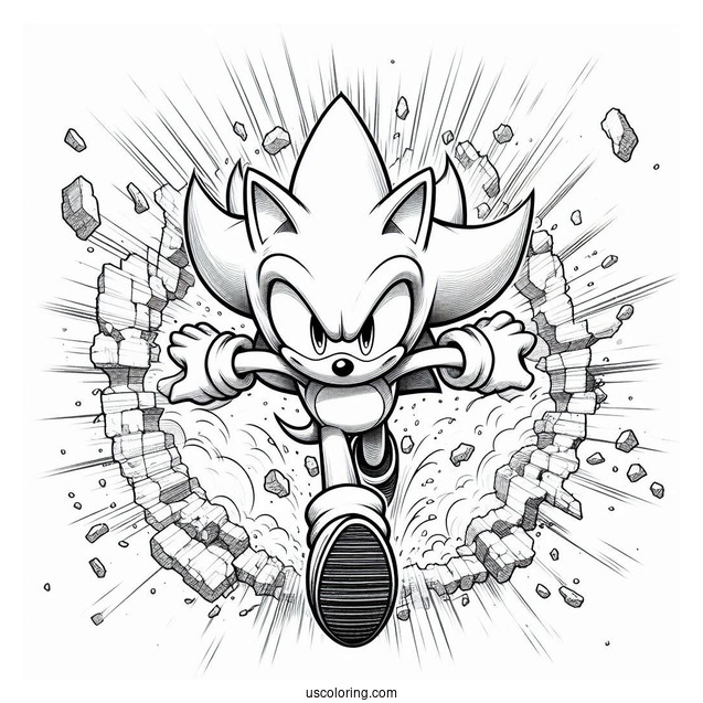 Realistic Super Sonic Coloring Page Breaking Through Wall