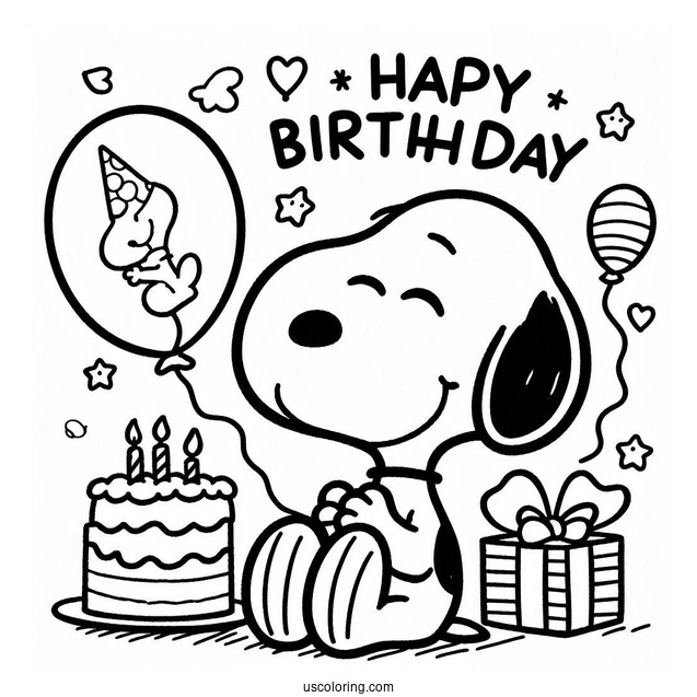 Happy Birthday Themed Snoopy To Color