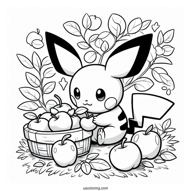 Pichu Coloring Page Collecting Apples With Pikachu For Kids