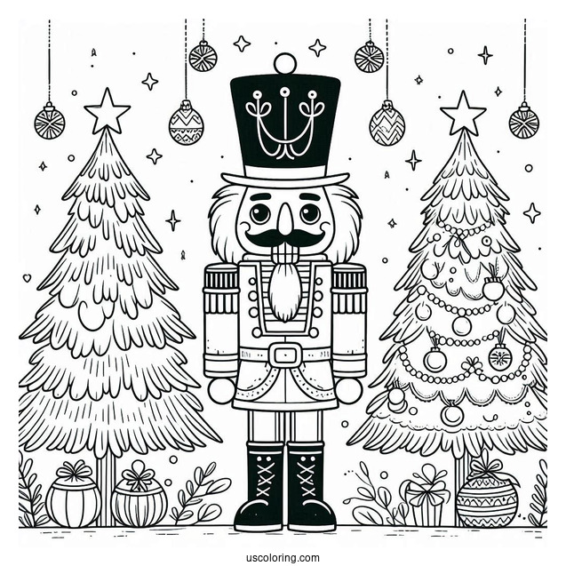 Nutcracker Coloring Page Standing In Front of Two Christmas Trees