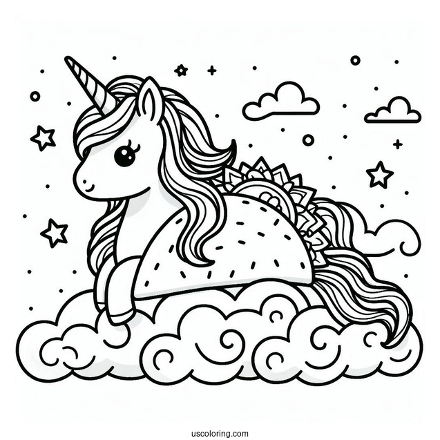 Unicorn Taco On The Cloud Coloring Page For Kids