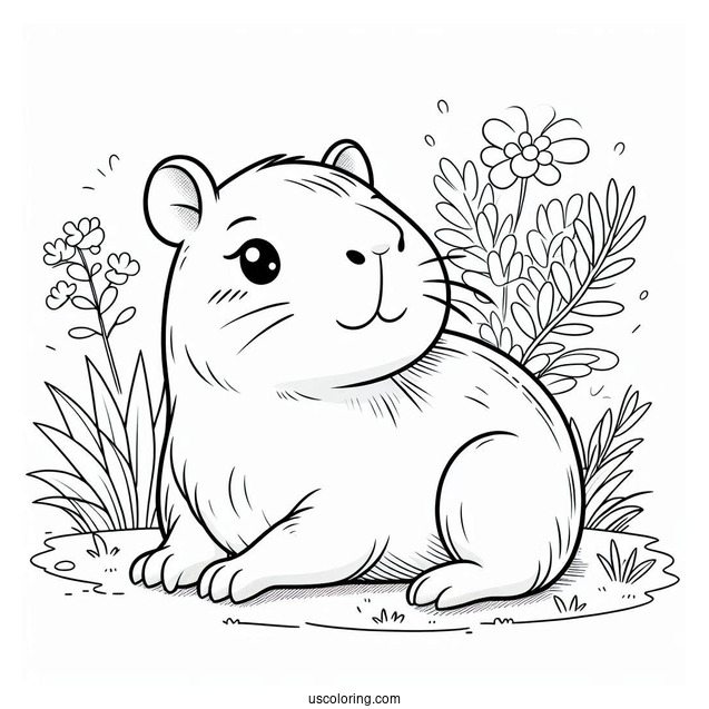 Kawaii Capybara Coloring Page Resting In Garden For Kids