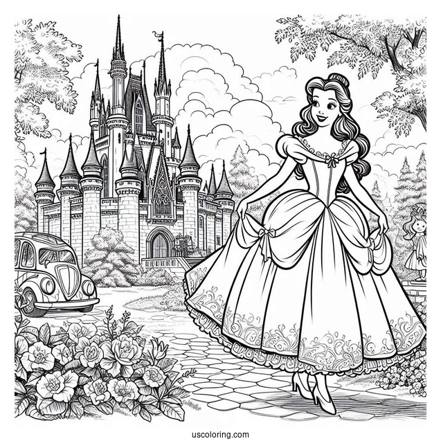 Belle And Cinderella In The Castle Garden Coloring Page