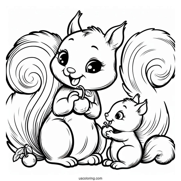 Mother And Son Cartoon Squirrel Coloring Page Eating Cherrie