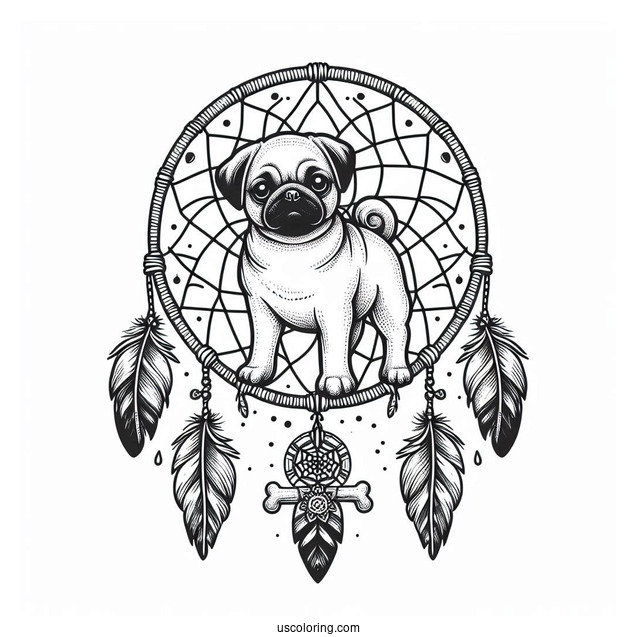 Pug Coloring Page Dreamcatcher with Feathers and Bones