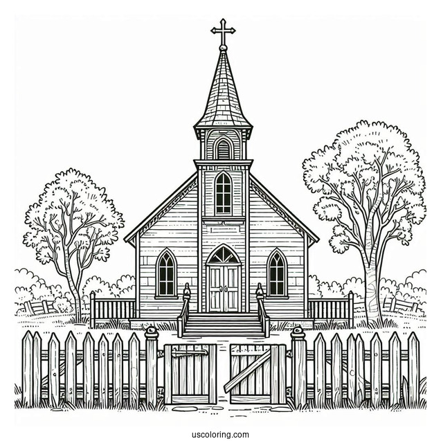 Old Church Coloring Page With A Fence