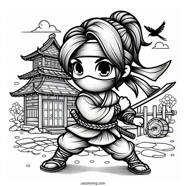 Ninja In An Old Japanese Village Coloring Sheet