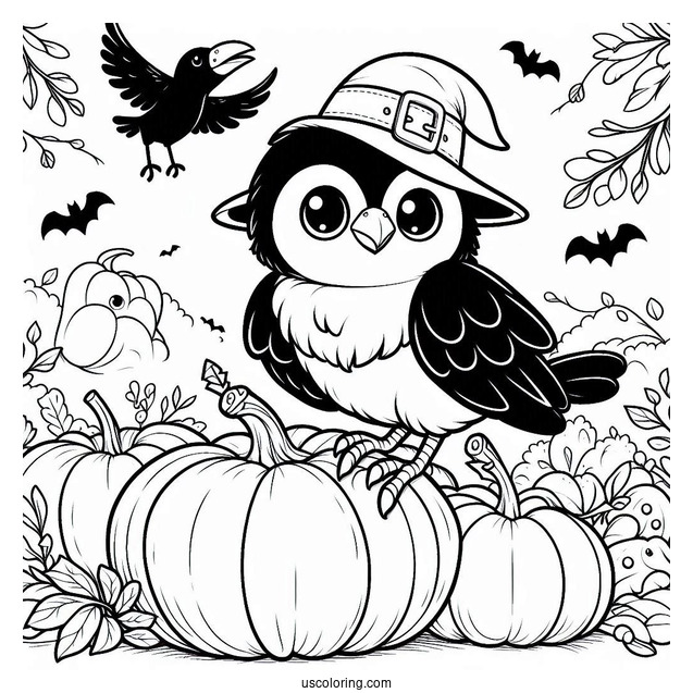 Cartoon Raven Coloring Page Standing On Pumpkin For Kids