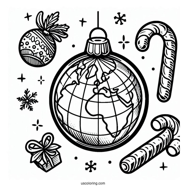 Simple Globes And Candy Cane Outline Christmas Ornaments Coloring Page