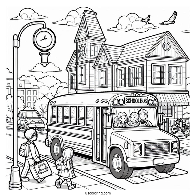 School Bus Picking Up Students At Bus Stop