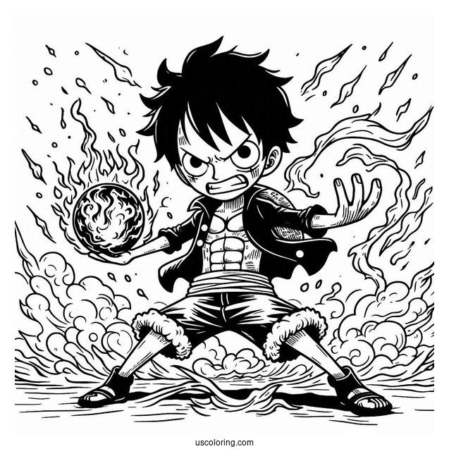 Luffy Coloring Page In Battle Mode Surrounded By Fire