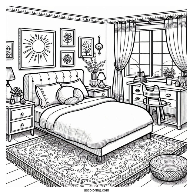 Sunny Bedroom Coloring Page With A Double Bed, Side Desks, Paintings, And Rugs