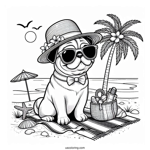 Cool Pug Coloring Page Wearing Sunglasses on a Tropical Vacation