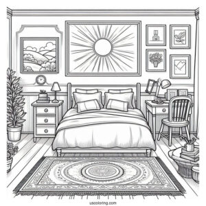 Sunny Bedroom Coloring Page With A Double Bed, Side Desks, Paintings, And Rugs