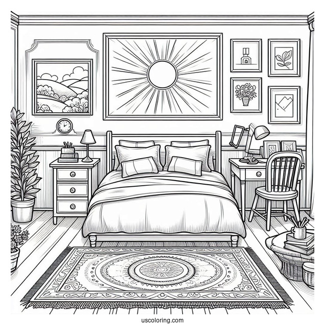 Sunny Bedroom Coloring Page With A Double Bed, Side Desks, Paintings, And Rugs