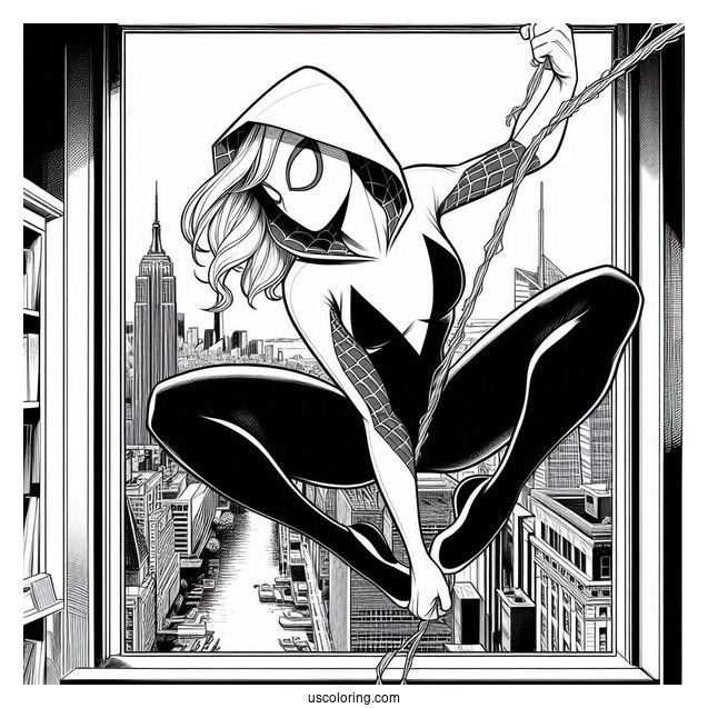Spider-Gwen Coloring Page Swinging Out Of A Window In Spider Man Multiverse