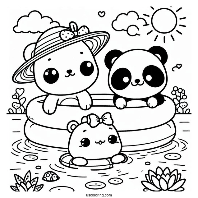 Summer Coloring Page Of Kawaii Bear, Panda, And Frog Floating In The Pool