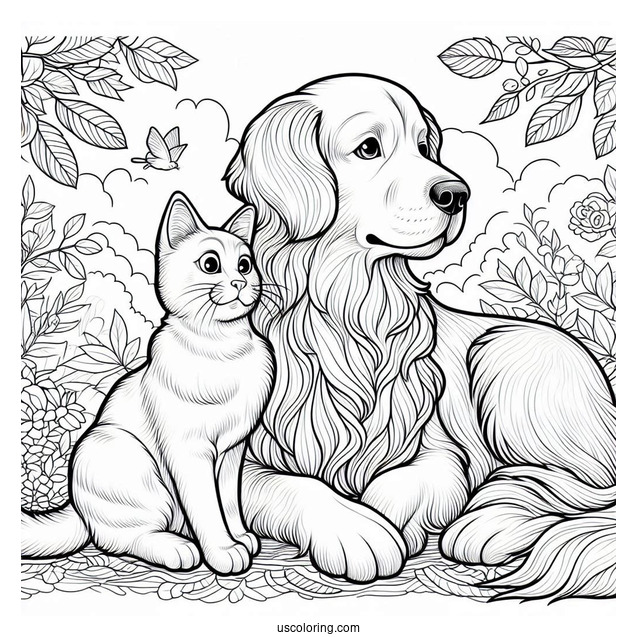 Golden Retriever And Cat Sitting Together Coloring Page