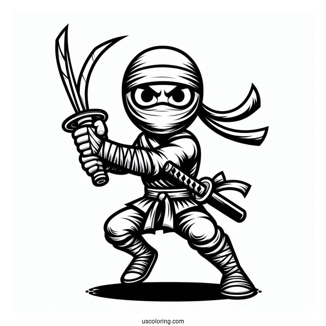 Easy Ninja With Swords In A Fight Coloring Page For Kids