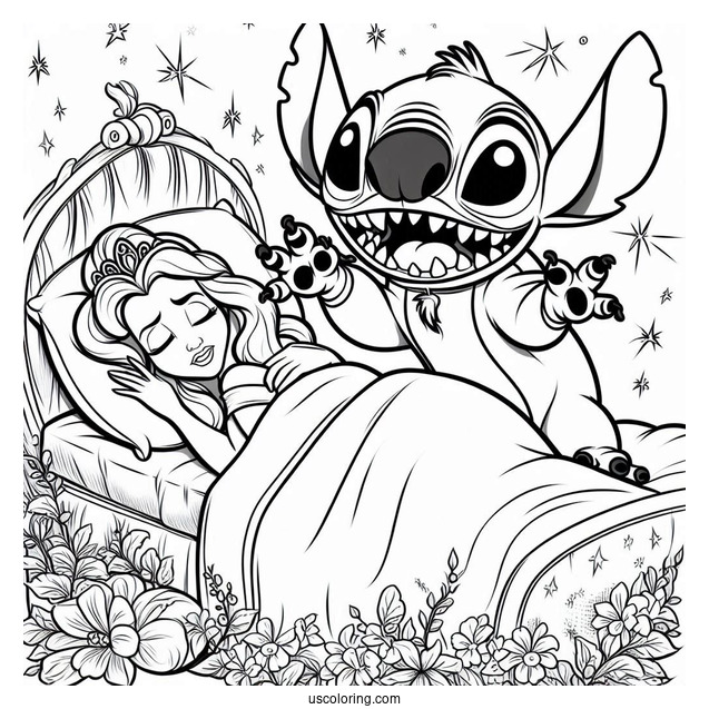 Sleeping Beauty Coloring Page Of Funny Stitch Scaring Princess Aurora