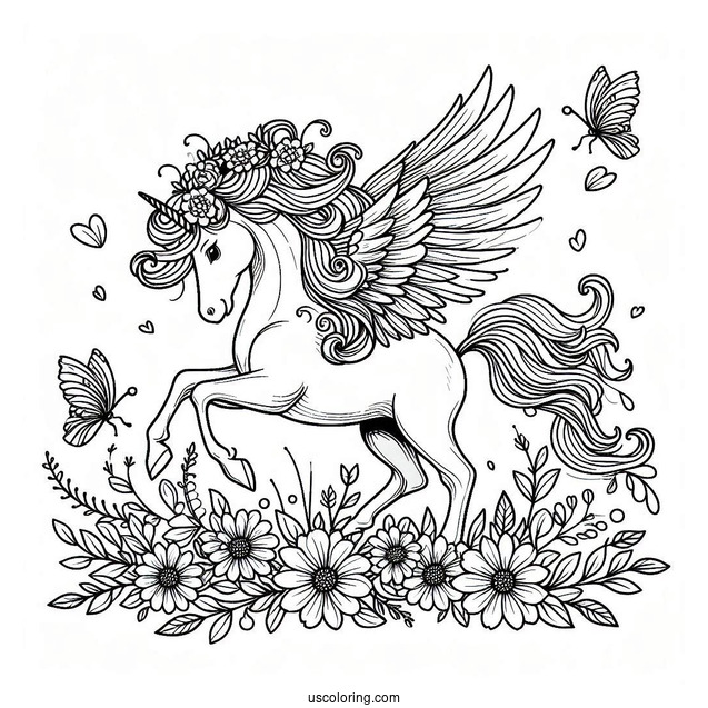 Elegant Pegasus Coloring Page With Flowers