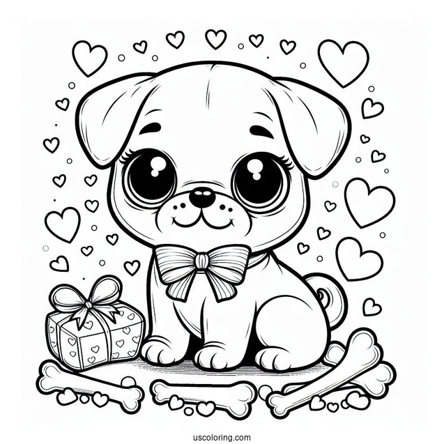 Coloring Page Of Baby Pug With Bones And Hearts