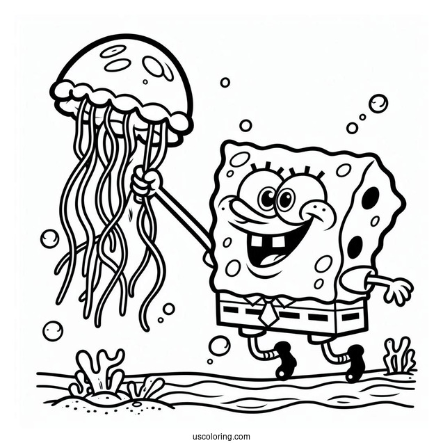 Patrik Catching Jellyfish Coloring Page For Kids