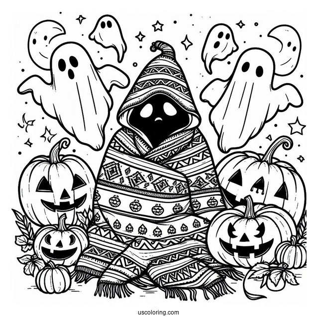 Pumpkin Coloring Page Of Blanket Ghosts Hovering Above Jack O Lanterns For Kids