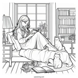 Bedroom Coloring Page Realistic Woman Reading On Her Bed With Cats