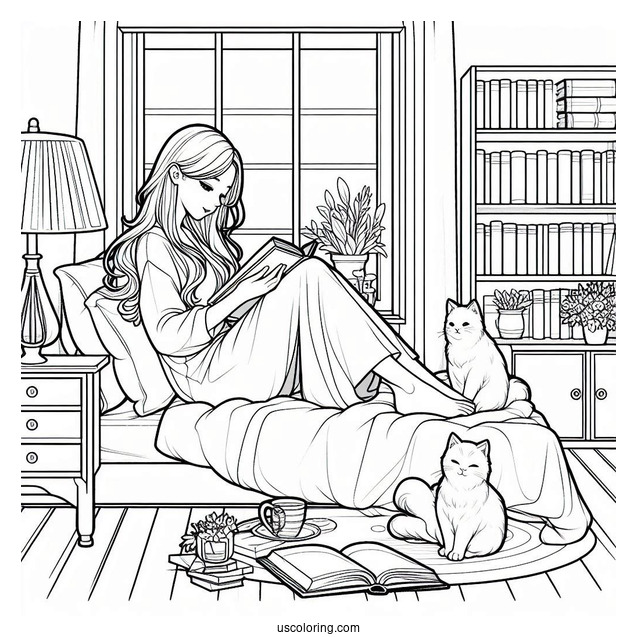 Bedroom Coloring Page Realistic Woman Reading On Her Bed With Cats