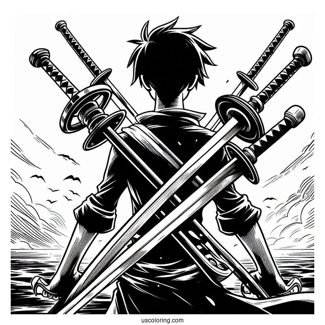 One Piece Coloring Page Of Zoro Using Three Swords In Battle