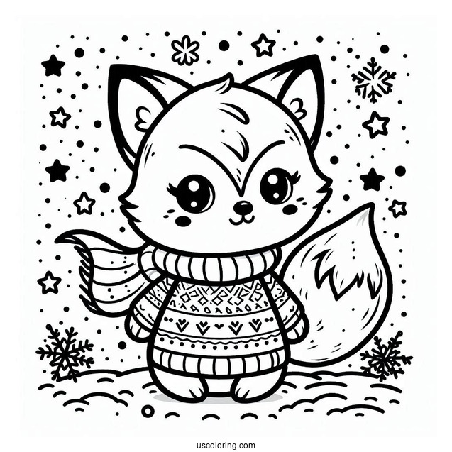 Kawaii Fox Coloring Page In A Snowflake Sweater Surrounded By Stars