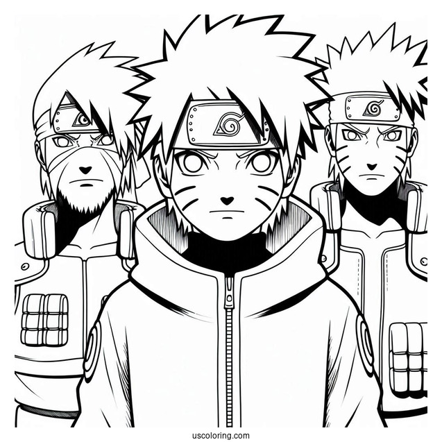 Kakashi Coloring Page Of Obito, Rin, Minato, And Young Naruto For Kids