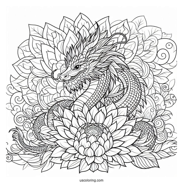 Dragon Behind A Flower Mandala Coloring Page