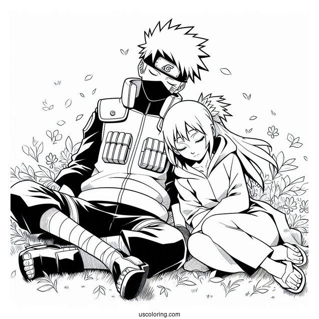 Rin Nohara Sleeping Next To Hatake Kakashi Coloring Page On The Grass