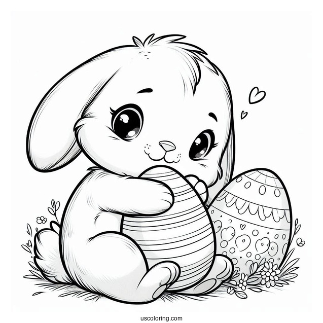 Furry Easter Bunny Coloring Page Hugging Easter Eggs