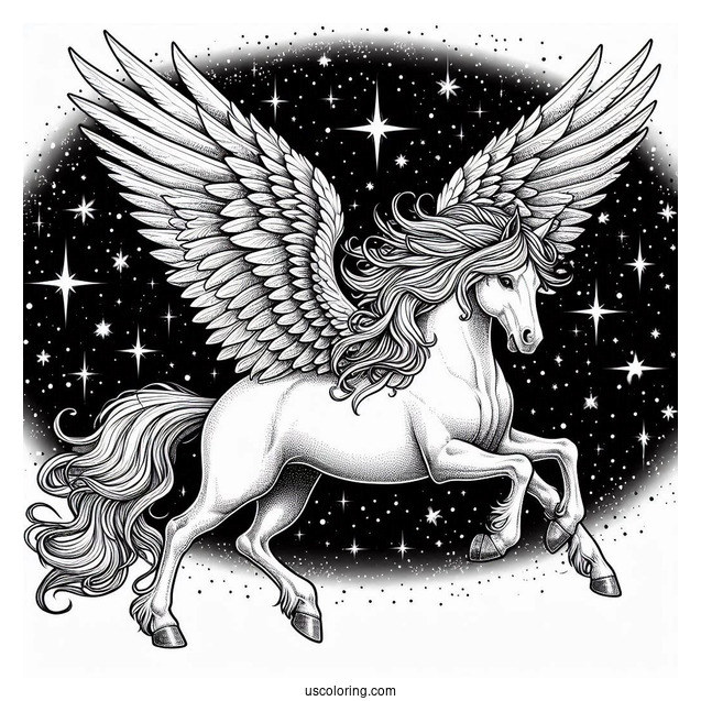 Realistic Pegasus Coloring Page With Starry Night Sky