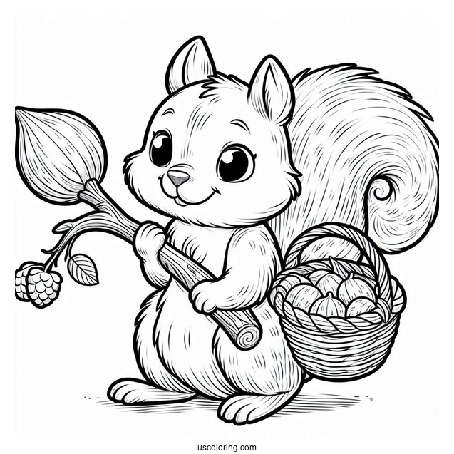 Squirrel Coloring Page Holding Stick And Wearing Basket For Collecting Nuts