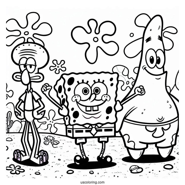 SpongeBob, Squidward, And Patrick Coloring Sheet