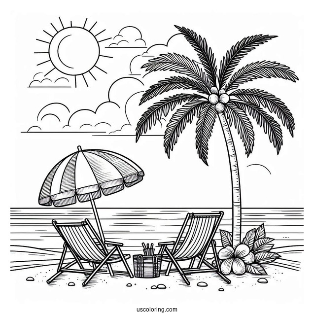 Beach Chairs Under A Palm Tree Facing The Sea